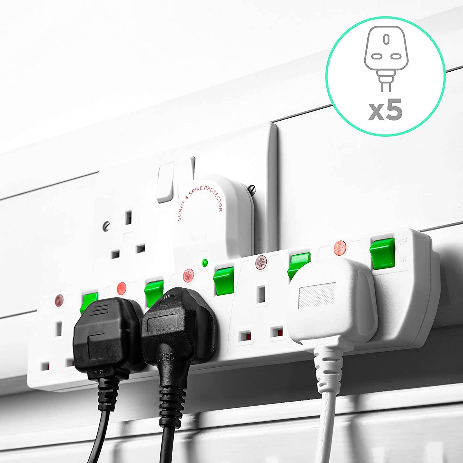  Duronic 10 Way Extension Tower ST10W, 10-Gang Power Strip Lead, Surge & Spike Protector, for UK Plug Sockets, White, Electric Multi  Plug Adapter, Max. 3000W Capacity