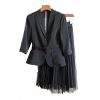 Spring 2 Piece Ruffles Skirt Suit Long Sleeve Jacket Blazer+ Elastic Waist Tulle Skirt Knee Lengt Tulle A Line Pleated Skirt