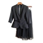 Spring 2 Piece Ruffles Skirt Suit Long Sleeve Jacket Blazer+ Elastic Waist Tulle Skirt Knee Lengt Tulle A Line Pleated Skirt