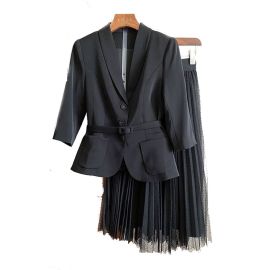 Spring 2 Piece Ruffles Skirt Suit Long Sleeve Jacket Blazer+ Elastic Waist Tulle Skirt Knee Lengt Tulle A Line Pleated Skirt