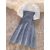 2023 Summer Cut-out Patchwork Denim Dress Women's High Waist Polo Neck Short-sleeved Dresses