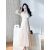 Women Korean Fashion V Neck Dress 2023 Spring Summer Simple Solid Color Long Sleeve Dresses for Women's High Waist Pleated Dress