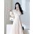 Women Korean Fashion V Neck Dress 2023 Spring Summer Simple Solid Color Long Sleeve Dresses for Women's High Waist Pleated Dress