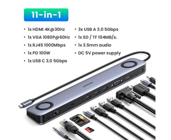 UGREEN USB C Docking Station 11-in-1 HUB USB C to HDMI 4K VGA RJ45 PD 100W SD TF 3.5 For MacBook Pro Air M1 Laptop Dock USB HUB