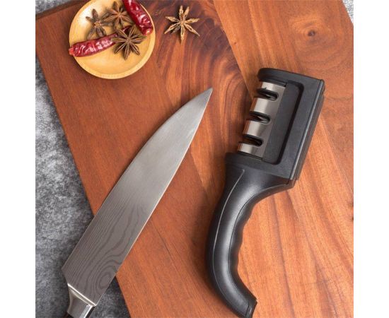 Kitchen 3 Segment Knife Sharpener Household Multi Functional Hand Held Three Purpose Black Sharpening Stone