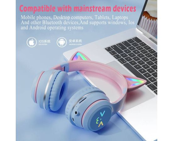 Wireless Headphones RGB Cute Cat Girls Kids Gift Headset with Microphone Stereo Music Gaming Headsets Control lights Earphone