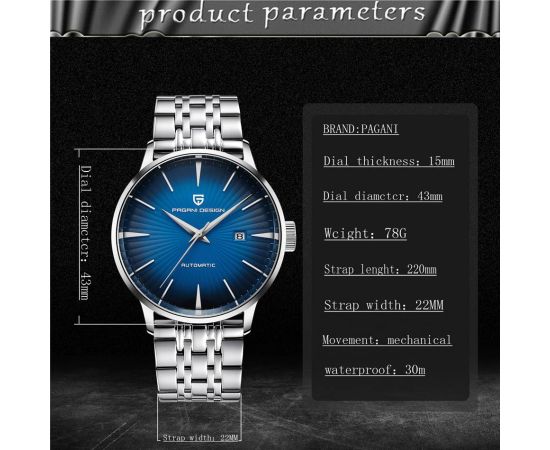 PAGANI DESIGN Men's Fashion Casual Mechanical Watches Waterproof 30M Stainless Steel Brand Luxury Automatic Business Watch saat