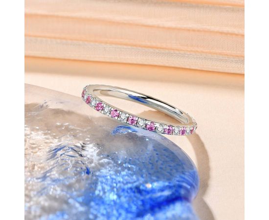 CHARMING New 1.5mm D Color Moissanite Ring 925 Sterling Silver Pink Sapphire VSS1 Sparkling Diamond Pure 18K Gold Wedding Band