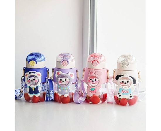 Children's Cute Water Bottle Straw Cup High Beauty Cartoon Cute Favorite Kawaii Baby Straw Plastic Water Cup Adjustable Strap