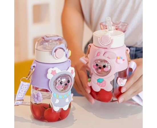 Children's Cute Water Bottle Straw Cup High Beauty Cartoon Cute Favorite Kawaii Baby Straw Plastic Water Cup Adjustable Strap