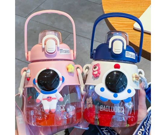 Cute Girl Water Bottle With Straw Astronaut Children Space Bottle Plastics Kawaii Cartoon Portable Large-Capacity Water Bottle