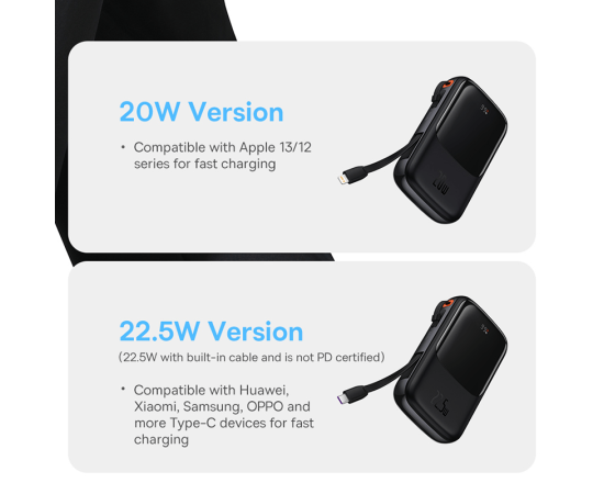 Baseus Power Bank Fast Charging with Built-in Cable, Digital Display Battery Capacity, 22.5W For Type-C Phone, 20W For iPhone