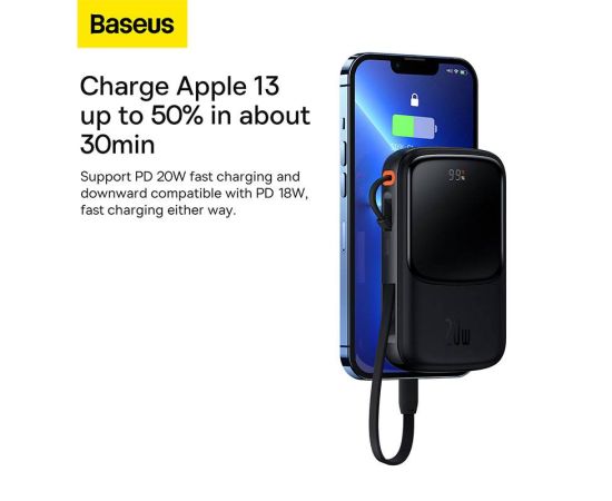 Baseus Power Bank Fast Charging with Built-in Cable, Digital Display Battery Capacity, 22.5W For Type-C Phone, 20W For iPhone