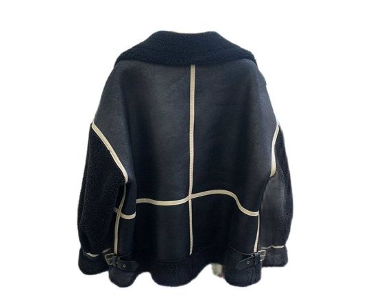 2023 Black Faux Fur Suede Fuzzy Jacket Motorcycle Biker Sheepskin Coat Women Winter Spliced Thickened Fur Integrated Coat