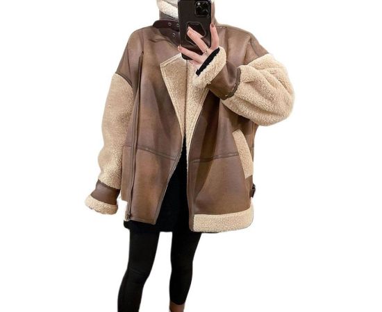 2023 Black Faux Fur Suede Fuzzy Jacket Motorcycle Biker Sheepskin Coat Women Winter Spliced Thickened Fur Integrated Coat