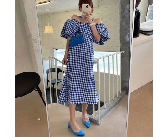 2023 New Blue and White Square Collar Dresses Little Mermaid Two Piece Dress Lantern Sleeve Dress