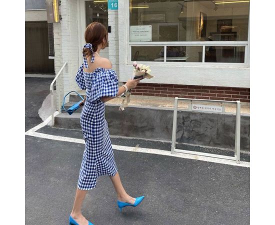 2023 New Blue and White Square Collar Dresses Little Mermaid Two Piece Dress Lantern Sleeve Dress
