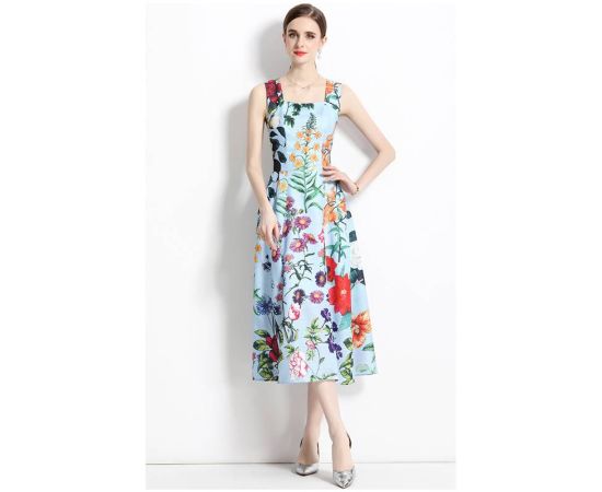 2023 Summer Loose Printed Suspended Dress For Women Square Collar Sleeveless High Waist Print Colorblock Midi Dresses Female