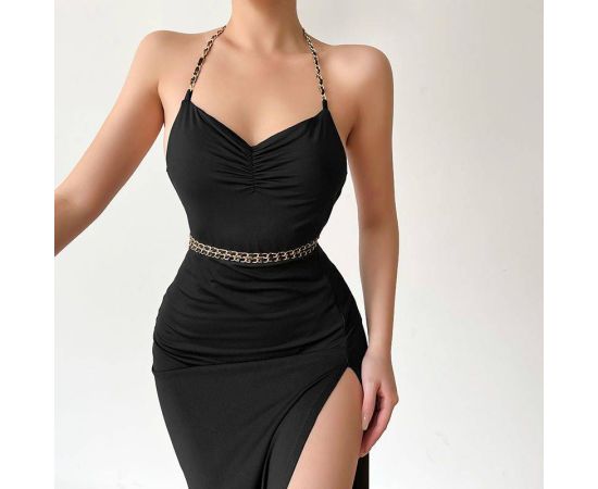 2023 Summer Spaghetti Strap Dresses Sleeveless Slip Sexy Slit Robe Bodycon V Neck Dress New Fashion Women Streetwear Y2K