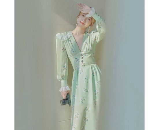 2023 Sweet V-neck Lace Dress Long Sleeve Party Dresses A Line Casual Dress Spring/Summer New Chiffon Print Flower Long Dress