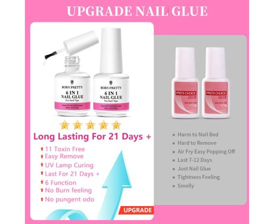 BORN PRETTY 15ML 6 IN 1 Nail Glue Gel for Acrylic Nails Soak off Base Gel Top Coat UV Extension Nail Gel False Nail Tips Gel