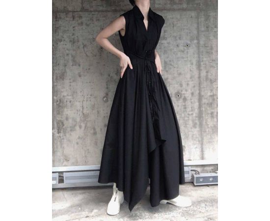 Dark Black Irregular Ultra-Long V-Neck Dresses Strretwear Elegant Belt Mid-Length Shirt Skirt Dress Women