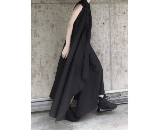 Dark Black Irregular Ultra-Long V-Neck Dresses Strretwear Elegant Belt Mid-Length Shirt Skirt Dress Women