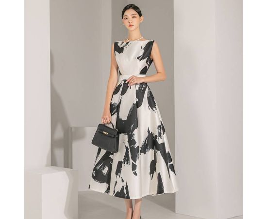 Fashion Print Commuter Dress Women 2023 Summer Round Neck Sleeveless Dresses for Women's Korean Style Office Midi A-line Dress