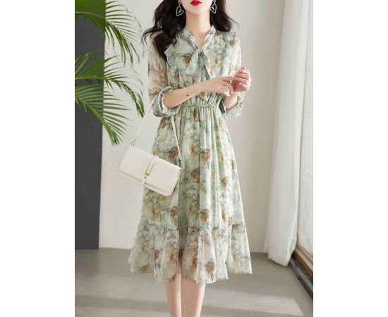 Fashion Printed Dress Women 2023 Spring and Summer Casual Breathable Mesh Long-sleeved Dresses for Women Waist Slim Office Dress