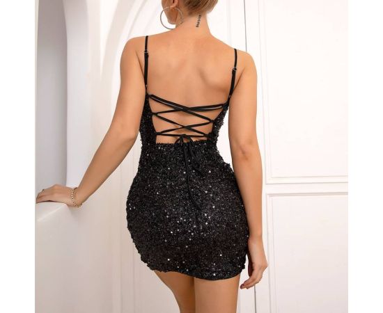 New In Evening Dresses for Women 2023 Sequin Backless Lace Up Bodycon Sexy Mini Dress Summer Sleeveless Black Party Night Robe