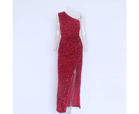 One Shoulder Sequin Summer Dress Ruched Split Bodycon Maxi Long Dress Party Night Female Backless Sexy Robe Women 2023 Clothes