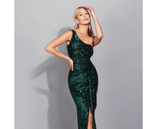 Sequin Sexy Maxi Dresses For Women 2023 One Shoulder Sleeveless Ruched Bodycon Evening Long Dress Elegant Split Prom Summer Robe