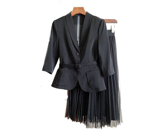 Spring 2 Piece Ruffles Skirt Suit Long Sleeve Jacket Blazer+ Elastic Waist Tulle Skirt Knee Lengt Tulle A Line Pleated Skirt