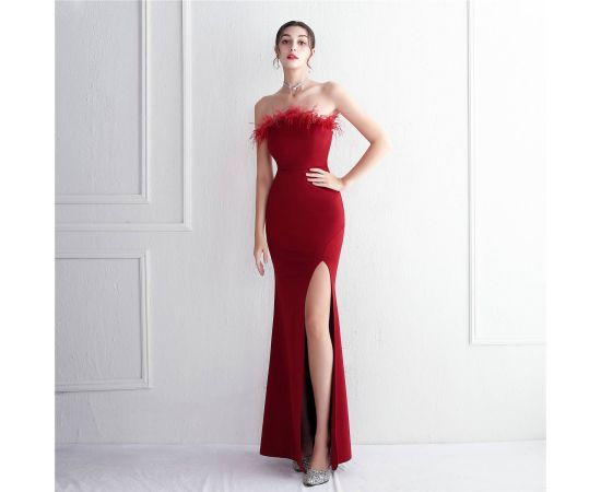 Strapless Feather Evening Dresses For Womens 2023 Sexy Backless High Waist Split Bodycon Maxi Dress Elegant Party Summer Outfits