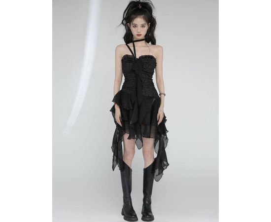 Summer Black Streetwear Asymmetrical Spaghetti Strap Dresses Summer New High Waist Camisole Mesh Skirt Dresses Women