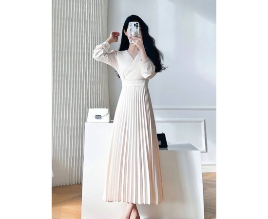 Women Korean Fashion V Neck Dress 2023 Spring Summer Simple Solid Color Long Sleeve Dresses for Women's High Waist Pleated Dress