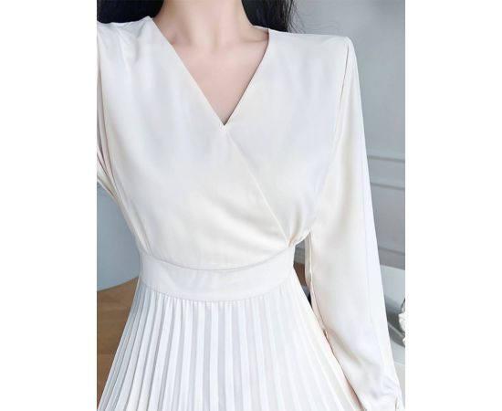 Women Korean Fashion V Neck Dress 2023 Spring Summer Simple Solid Color Long Sleeve Dresses for Women's High Waist Pleated Dress