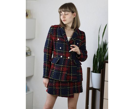 Women's Business Suit 2 Pieces Tweed Blazer Jacket Coat  and Skirt Set Plaid Two Piece Suit Coat +Mini Tweed Skirt