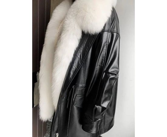 Women's Medium Long Detachable Full Leather Jacket Fur liner Snow Parka  Real Sheepskin Leather Natural Fur Leather Jacket