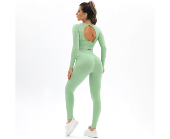 2-pcs Seamless Knitting Yoga Set High Elastic Backless Long Sleeve Woman Shirts Hip Lifting Legging Sports Running Fitness Suit