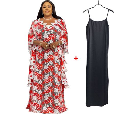 Elegant Lace Dresses For Women Summer Wedding Party Kaftan Gown African Dashiki Fashion Bat Sleeve Long Robe 2PCS Sets