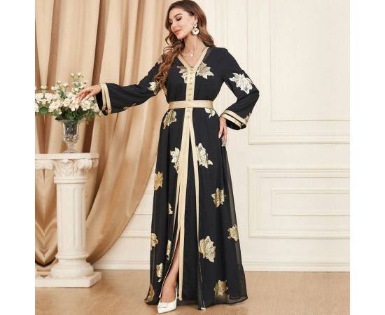 Latest Women 2Pcs Sets Muslim Islamic Ramadan Black Dress Gold Printed Abaya Kaftan Arab Jilbab Robe Dubai Party Gown