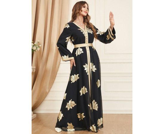 Latest Women 2Pcs Sets Muslim Islamic Ramadan Black Dress Gold Printed Abaya Kaftan Arab Jilbab Robe Dubai Party Gown