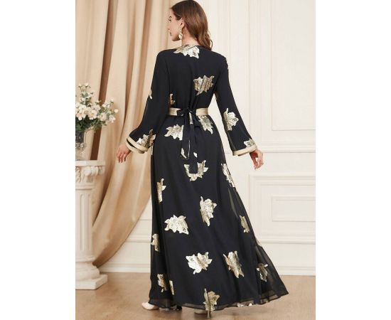 Latest Women 2Pcs Sets Muslim Islamic Ramadan Black Dress Gold Printed Abaya Kaftan Arab Jilbab Robe Dubai Party Gown