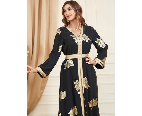 Latest Women 2Pcs Sets Muslim Islamic Ramadan Black Dress Gold Printed Abaya Kaftan Arab Jilbab Robe Dubai Party Gown