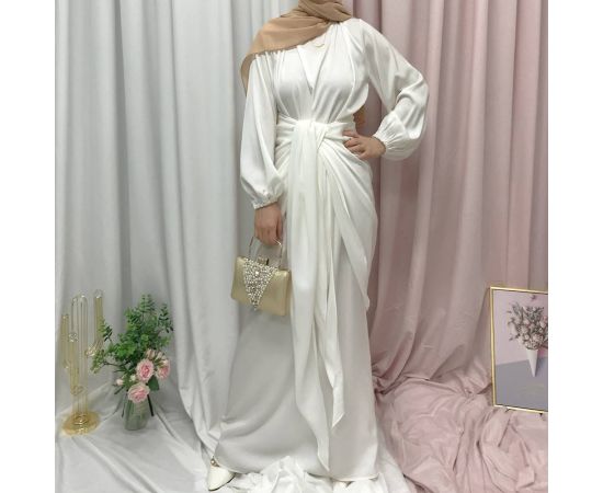 Middle East Abaya Set Women Muslim Islamic Satin Long Dress and Wrap Skirts Arab Robe Dubai Party Gown Ramadan Clothing