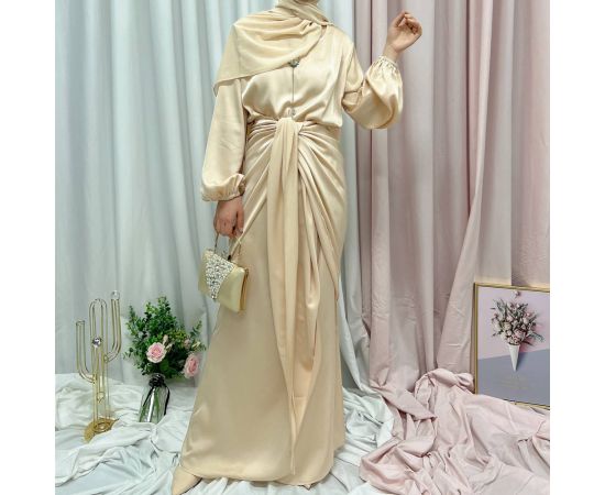 Middle East Abaya Set Women Muslim Islamic Satin Long Dress and Wrap Skirts Arab Robe Dubai Party Gown Ramadan Clothing