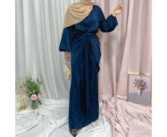 Middle East Abaya Set Women Muslim Islamic Satin Long Dress and Wrap Skirts Arab Robe Dubai Party Gown Ramadan Clothing