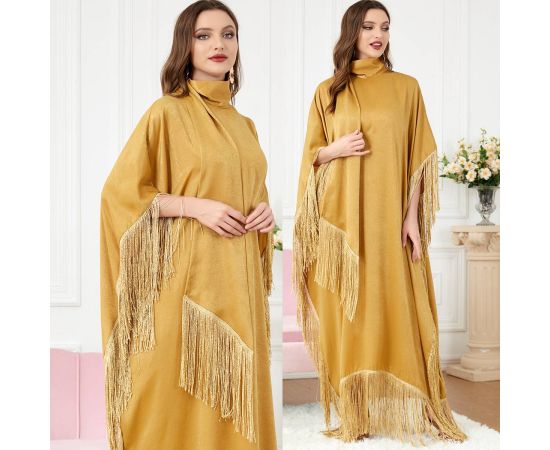 Middle East Clothes Women Tassels Full Length Dress Muslim Islamic Loose Abaya Kaftan Dubai Fashion Gown Moroccan Robe