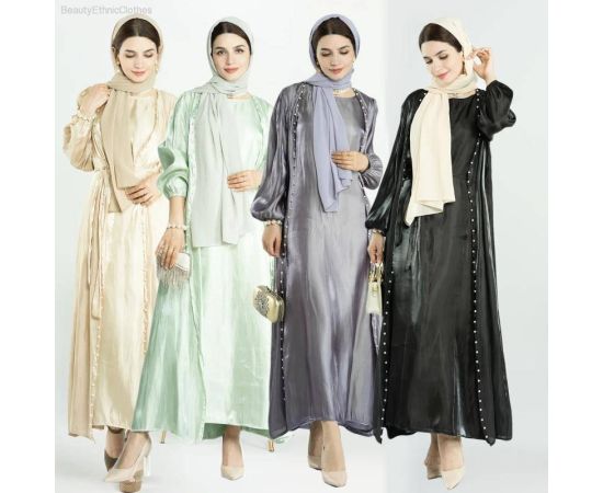 Middle East Clothing Dubai Elegant Beaded Pearls Cardigan Dress Muslim Islamic Party Abaya Gown Kimono Robe Two Pieces Sets